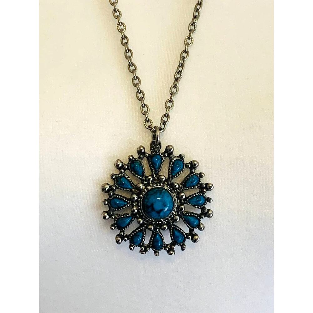 Vintage Turquoise Native American Style Medallion Pendant Necklace, 24" Long